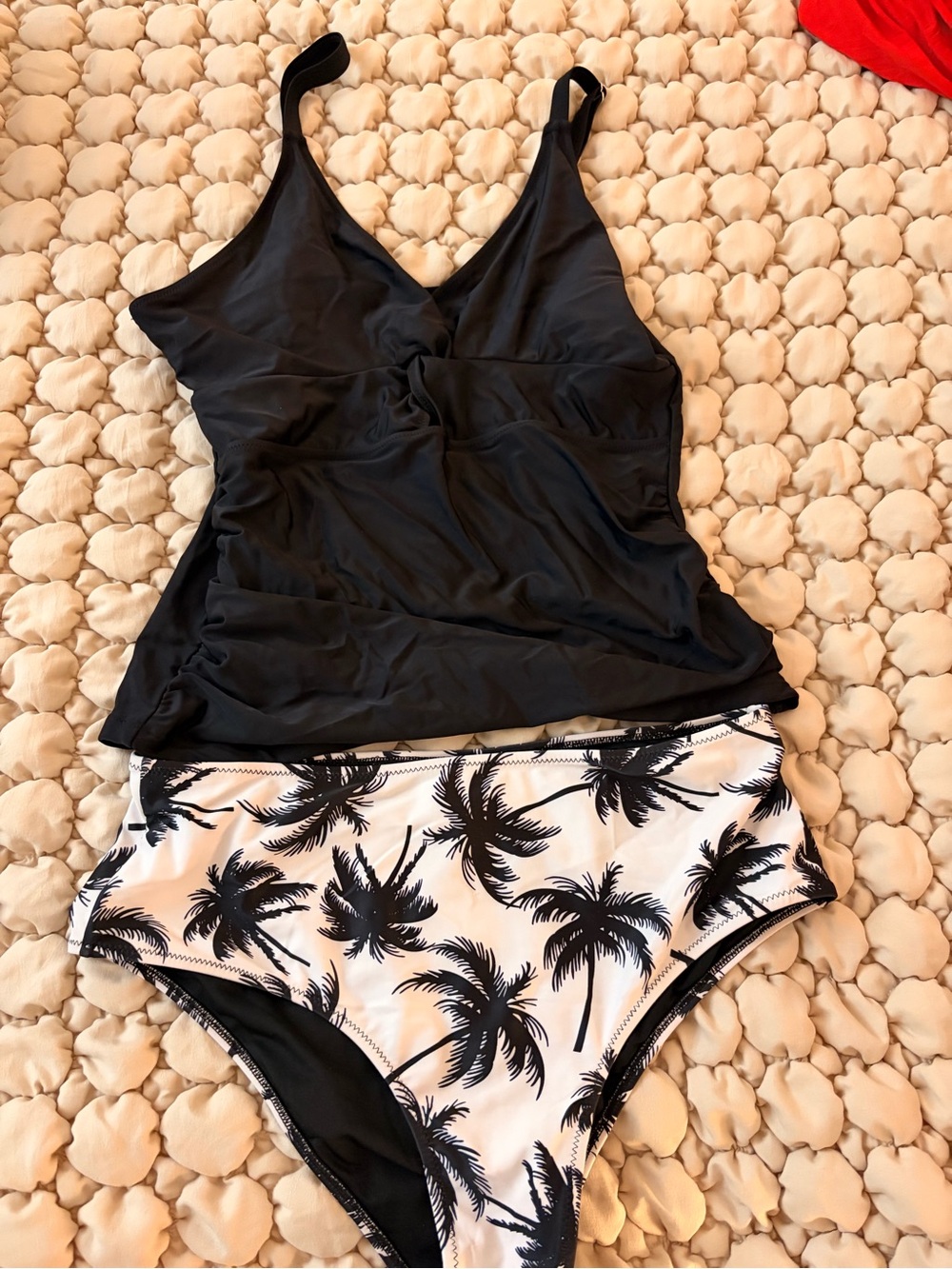 Black Tankini Top with Palm-Print High-Waist Bikini Bottom